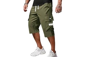 Men's Casual Drawstring Capri Cargo Pants Long Cargo Shorts Men Summer Casual 3/4 Capri Pants Below Knee Length Baggy Shorts