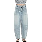 ONESO Women's Barrel Jeans Mid Waisted Wide Leg Boyfriend Jeans for Women Baggy Casual Denim Pants with Drawstring