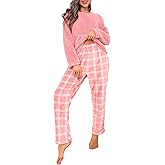 SOLY HUX Women's Pajama Set Fuzzy Long Sleeve Tee Tops and Plaid Pants Loungewear Sleepwear
