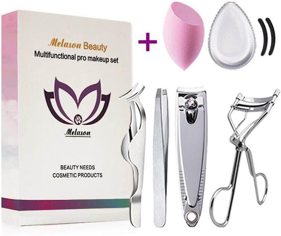 Melason Makeup Sponge Latex Free- Eyelash Applicator Eyebrow Tweezer Nail Clipper Eyelash Curler with 2 Replacment Pads(6Pcs Multifunticonal Pro Makeup Set)