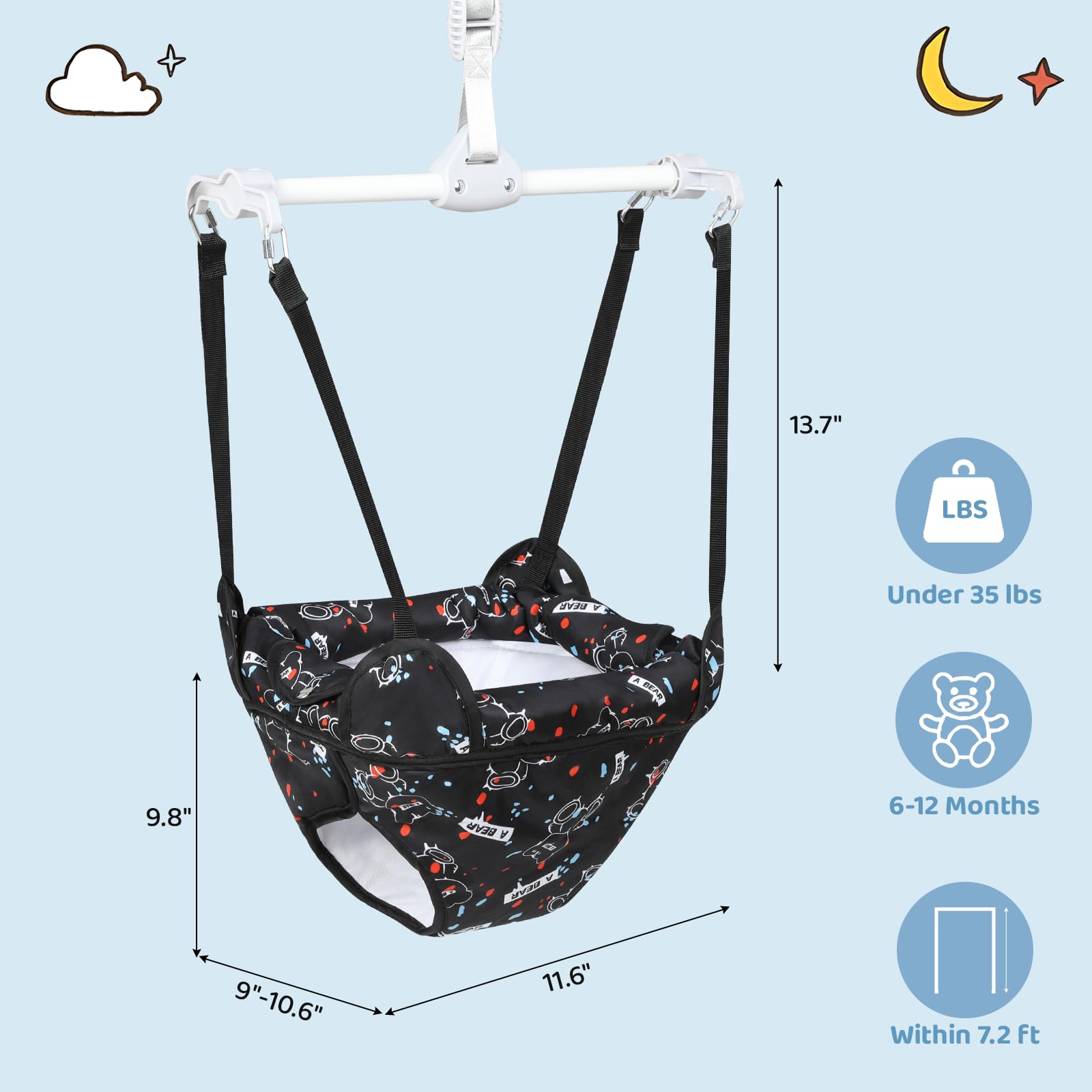 Cowiewie Door Jumper for Baby with Adjustable Seat and Strap, Fun Activity for 6-12 Months Baby Infant, Quiet Bear
