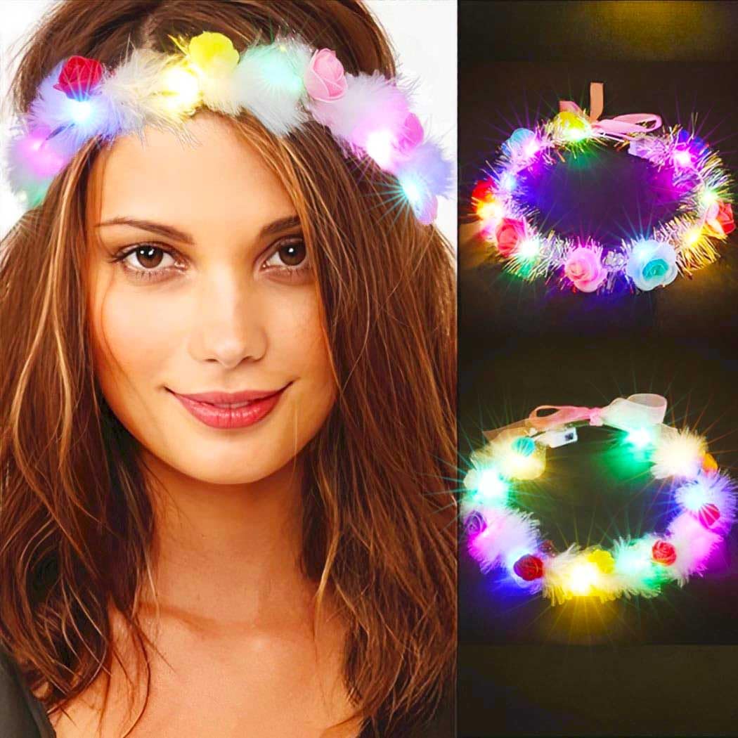 Edary Light Up Headband LED Feather Headbands Flower Headdress Luminous Festival Hair Piece Party Hair Accessories for Women and Girls(Pack of 2)
