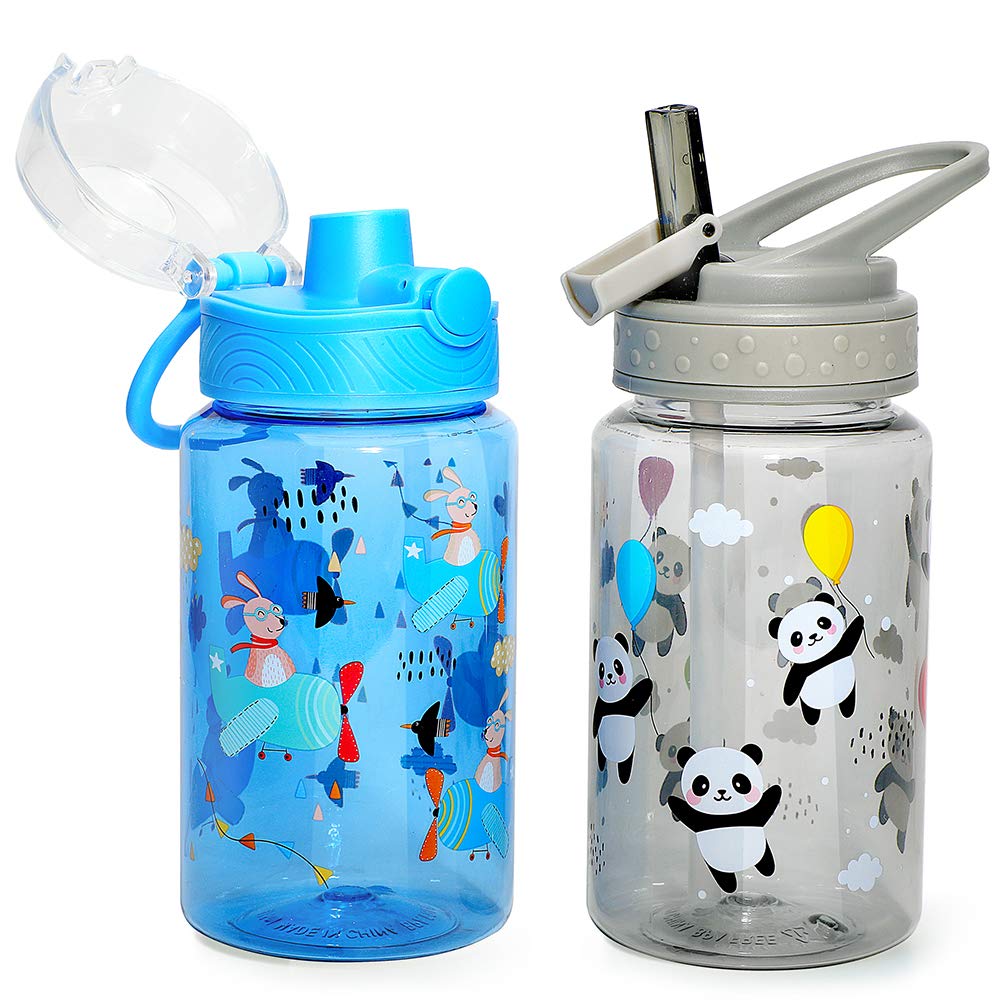 Home Tune Kids Water Drinking Bottle 470ml Tritan BPA Free, Auto Flip Chug Lid, Sip Straw Lid, Carry Loop, Lightweight, Leak-Proof Water Bottle Cute Design For Girls & Boys - 2 Pack Panda & Airplane — image 1