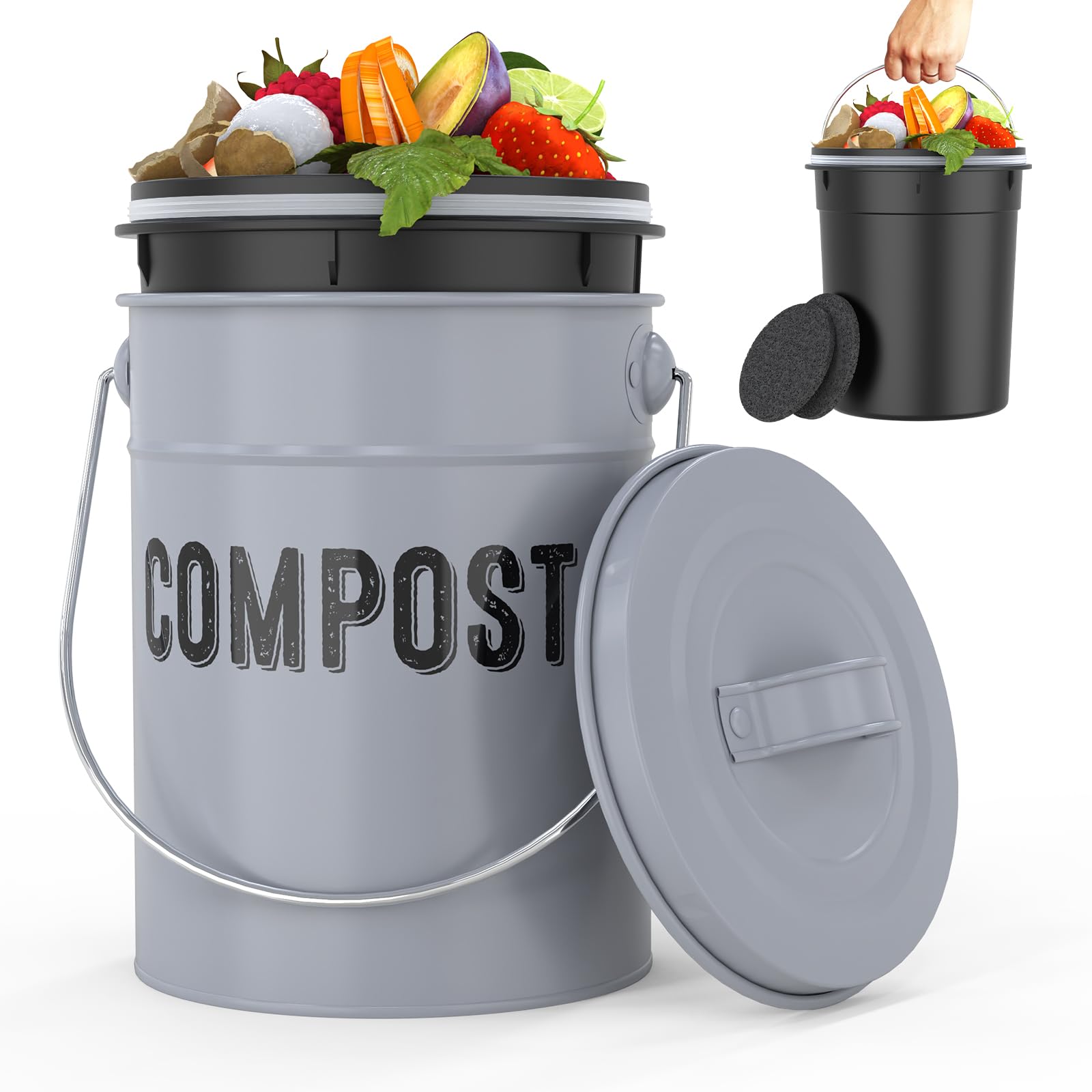 Photo 1 of Compost Bin Kitchen Counter, Indoor Compost Bin, Countertop Compost Bin with lid, Compost Bucket Includes Inner Bucket with Sealed Ring and Non-Smell Carbon Filters(1.0 Gallon Gray)
