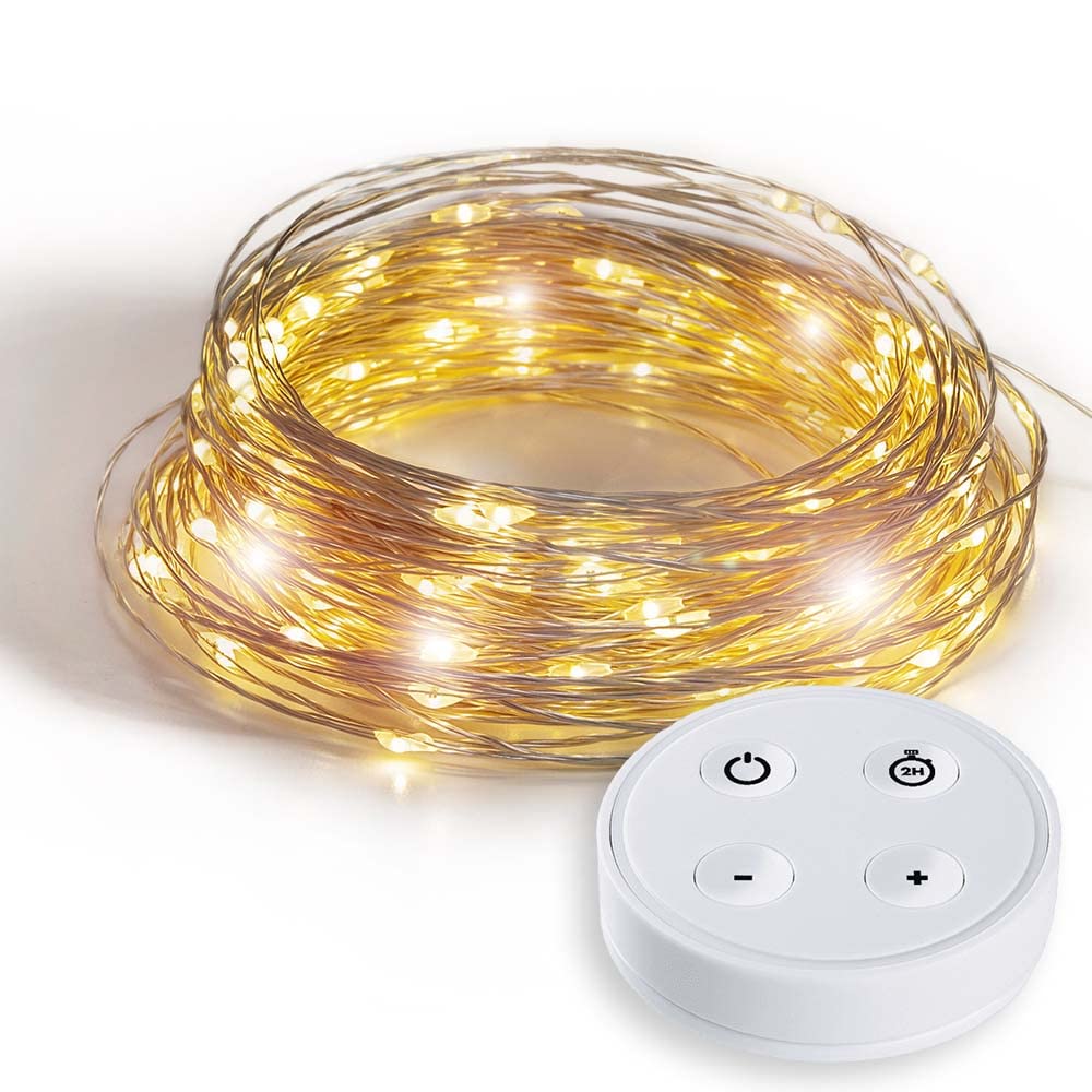 Guirled - Mini USB LED String Lights - Wireless Remote Control - 2 Hour Baby Night Light - 4 Intensity - Dual USB 2A AC Adapter Included - 200 LEDs 20 Metres - Silver Filament