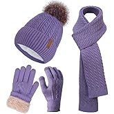 Winter Hat Scarf Gloves Set for Women, Classic Cable Beanie with Removable Pom Pom Long Scarf Touchscreen Gloves 3 in 1 Set