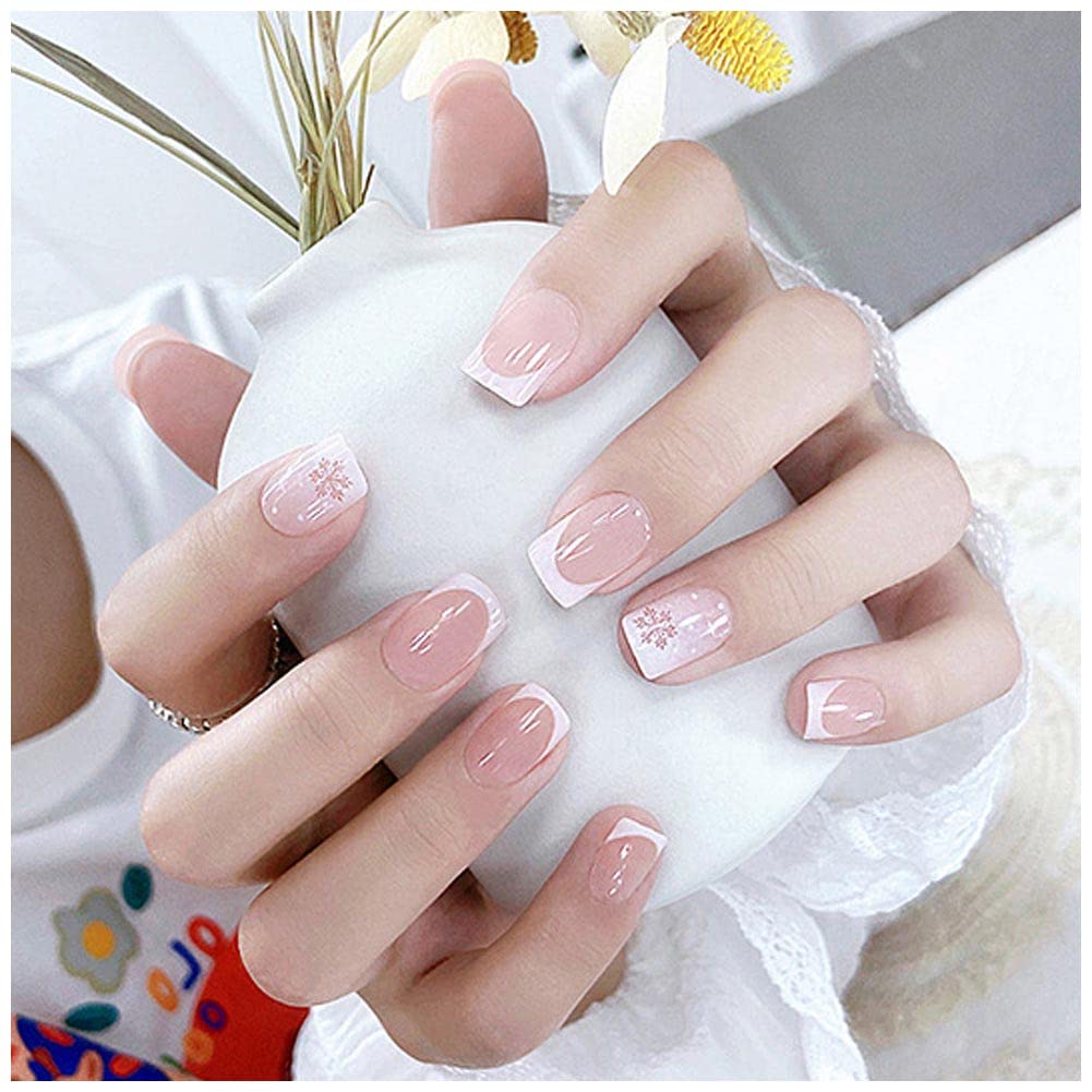 Wedity 24Pcs Snow Christmas Tree Checker Pink Line French False Nails Acrylic False Nail Press on Nails Ballet False Nails for Women Girls (B)