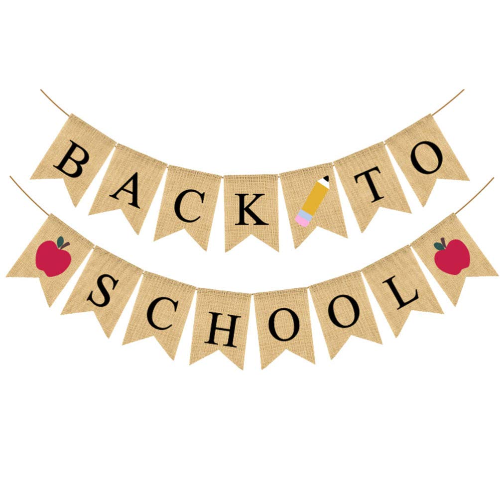Amosfun Burlap Back to School Banner Welcome Back Burlap Banner Classroom Bunting Happy First Day of School Sign for Welcome School Party Supplies Decoration