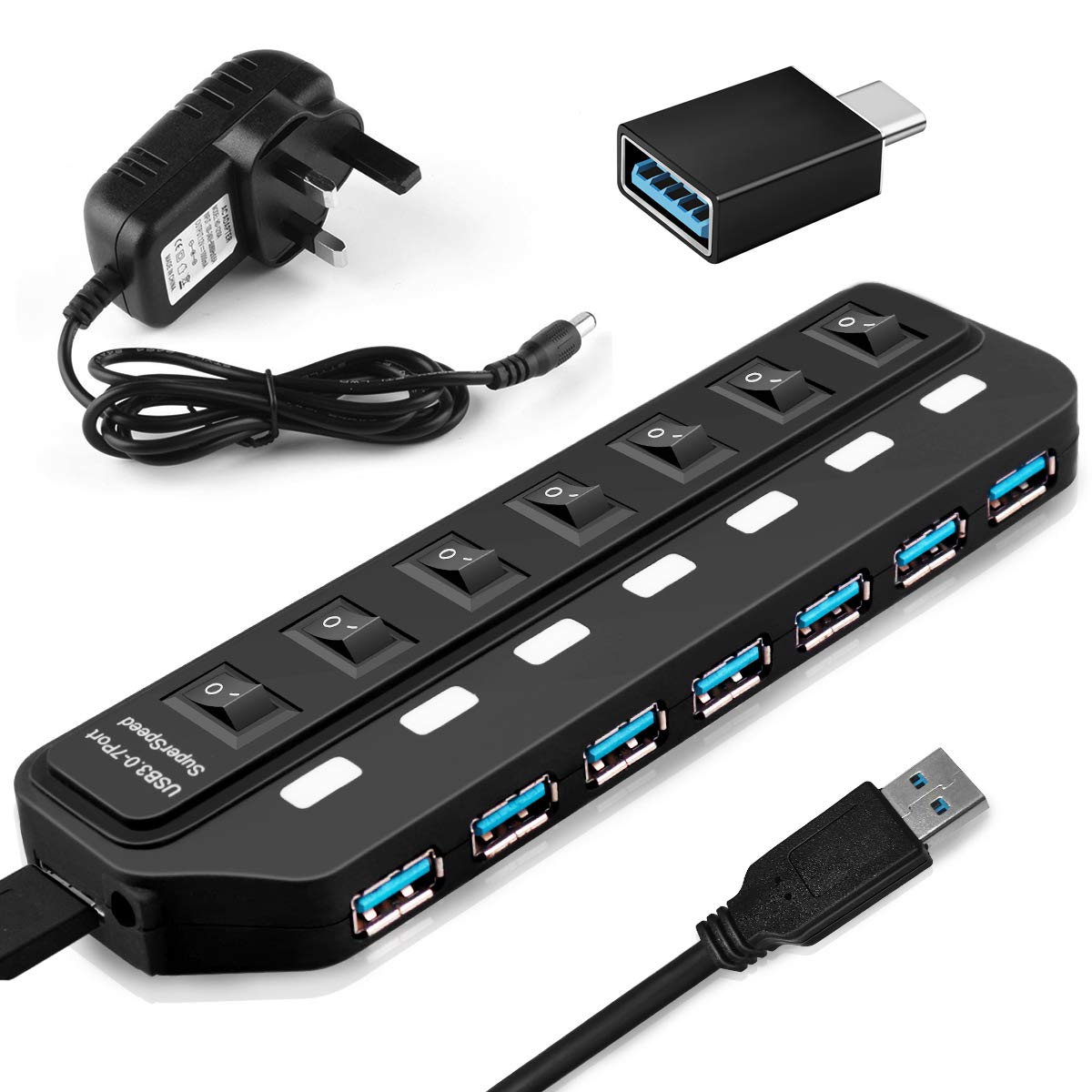 Powered USB Hub 3.0 7 Port Data Hub USB Splitter with Individual Switches,Power Adapter and USB C Adapter USB Extension Compatible with Windows/Mac/Linux for Charging and Data Transfer