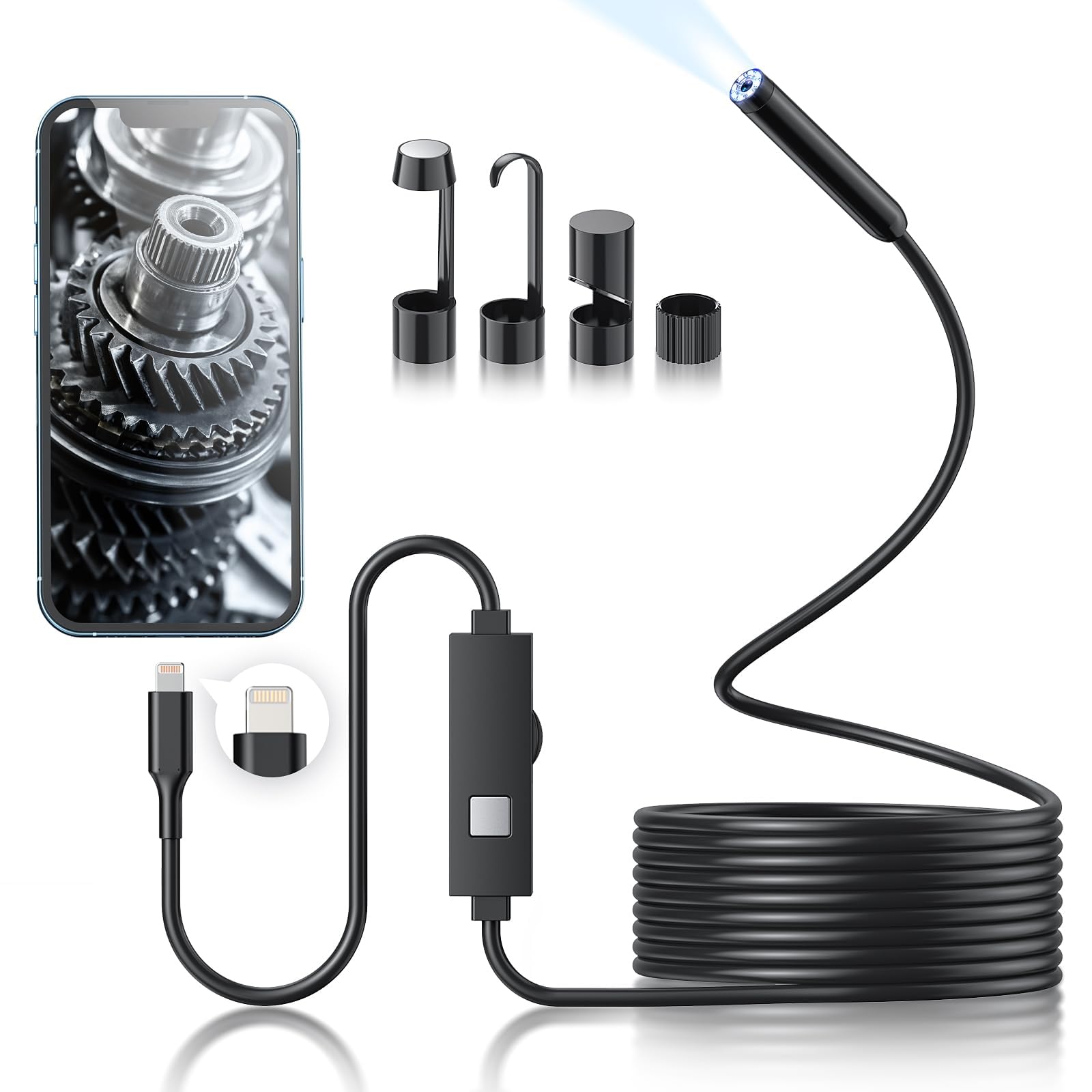 Endoscope Camera with Light, Borescope with 8 Adjustable LED, 1920P HD ...