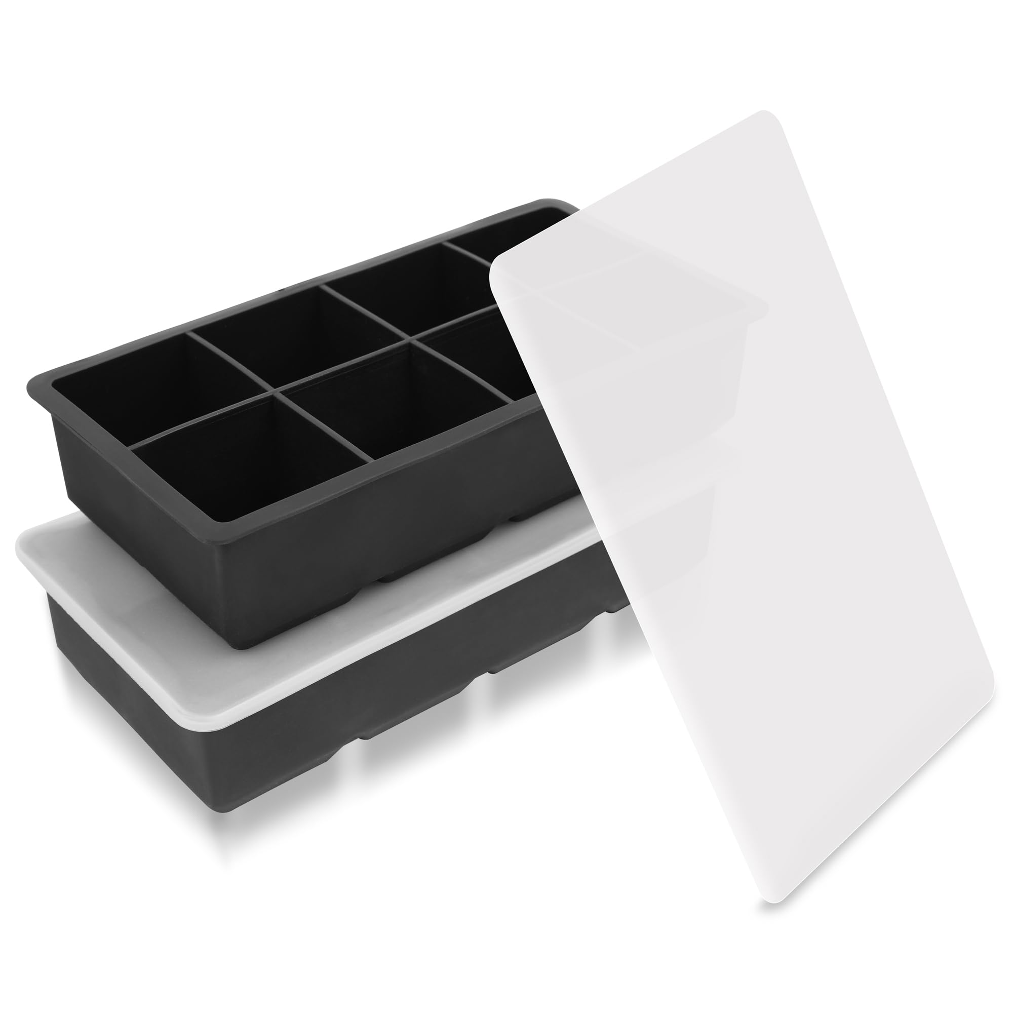 YHT 2 Pack Extra Large Ice Cube Tray Molds with Lids,16 Cubes Black Reusable Silicone Square Ice Cube Maker Moulds for Whiskey,Cocktails,Drinks(Black)