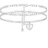 ABDOT Initial Ankle Bracelets for Women 2pcs 18K Gold Plated Handmade Layered Letter Heart Figaro Chain Flat Mariner Anklets for Women Cute Summer Beach Foot Jewelry