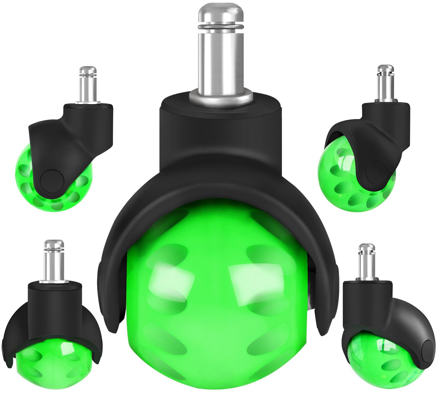 Photo 1 of ***ONLY 1 PIECE**** Office Chair Wheels Replacement 2 Inch Rubber Ball Caster Wheels for Wood Floor Carpet Mats, Set of 5, Heavy Duty Desk & Gaming Chair Casters 7/16" (11mm) Grip Ring Stem, Quiet Smooth Rolling (Green)
