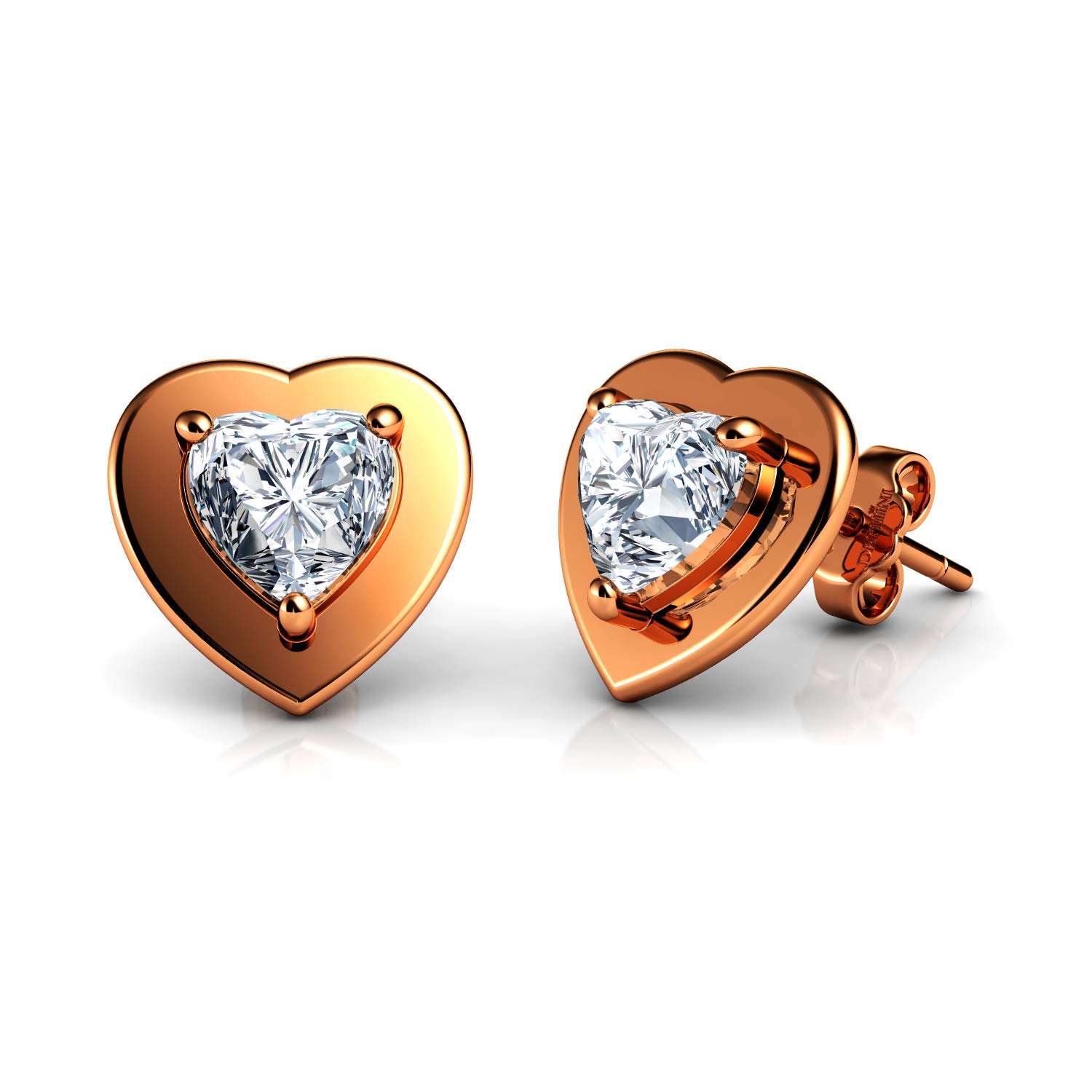 DEPHINI - Heart Earrings - 925 Sterling Silver - Fine Jewellery Stud for Women - Rhodium Plated - Cubic Zirconia (Rose Gold)