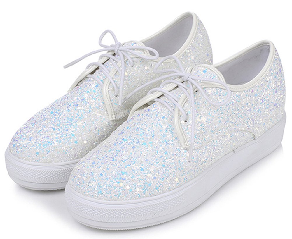 IDIFU Women's Glitter Sequined Low Top Lace Up Platform Sneakers Mid Wedge Heels Shoes White 4 B(M) US - Image 3
