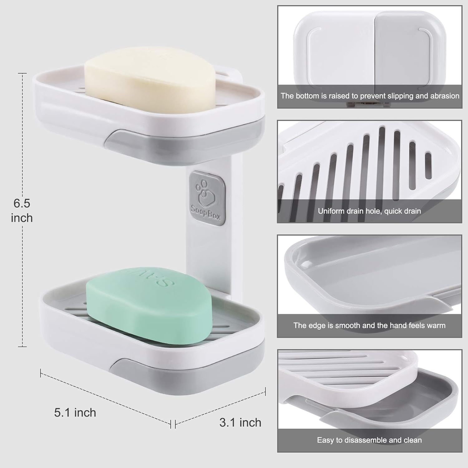 Maqqet Soap Dish for Shower Bar Soap Holder Double Layer Wall Mounted Soap Saver Soap Container with Draining Tray Soap Case for Bathroom: Home & Kitchen