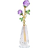 YWHL Handmade Purple Rose Flower Crystal Figurine with Vase, Bouquet Glass Flowers Ornament Rose Gifts for Wife Women, Crystal Flower Home Table Decor for Anniversary Mother's Day Wedding