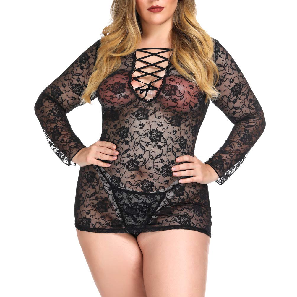 ENJOYNIGHT Women\'s Lingerie Lace Babydoll Plus Size Sleepwear Nightwear (3XL, Black2)