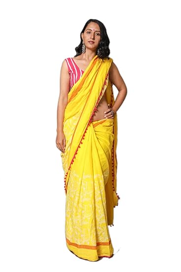 Yellow Cotton Hand Block Printed Saree with Blouse