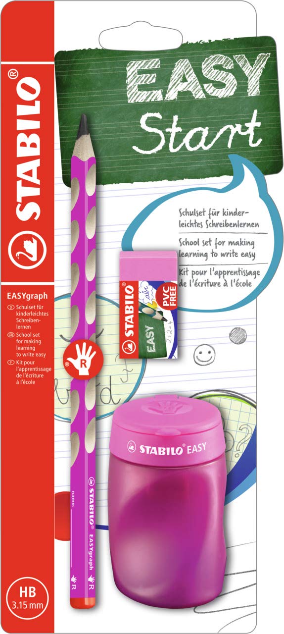 STABILO School Set EASYgraph Pencil + EASYsharpener + EASYeraser - Right-Handed - pink