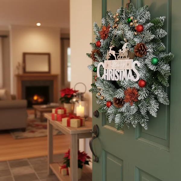 20 INCH CHRISTMAS WREATH FOR FRONT DOOR, CHRISTMAS DECORATION WITH FROSTED BRANCHES PINE CONES FLOWERS BALL ORNAMENTS FOR WALL,INDOOR,OUTDOOR,FARMHOUSE FESTIVAL HOME DECOR