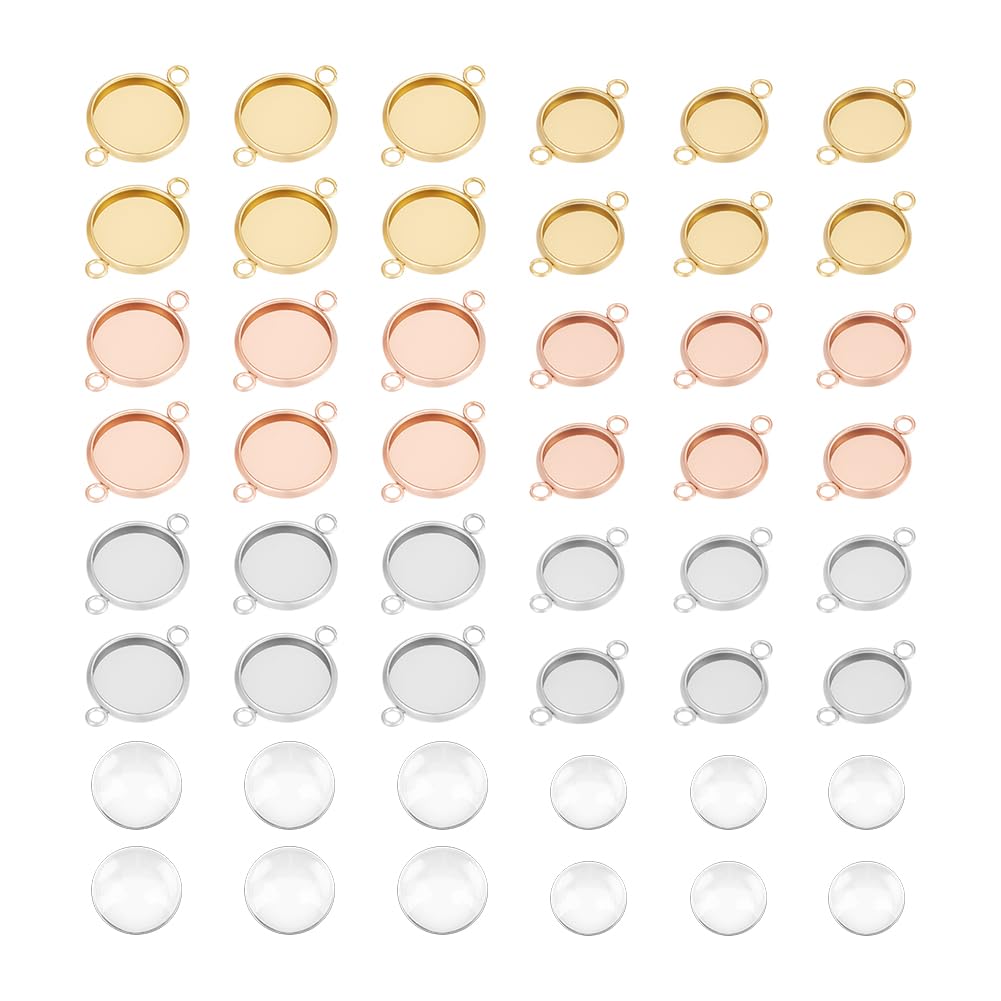 UNICRAFTALE about 36pcs 3 Colors 10mm/12mm Cabochon Pendant Bezel Trays with 40pcs Blank Cabochon Flat Round Tray Blanks Stainless Steel Cabochon Connectors Settings for Jewelry Making