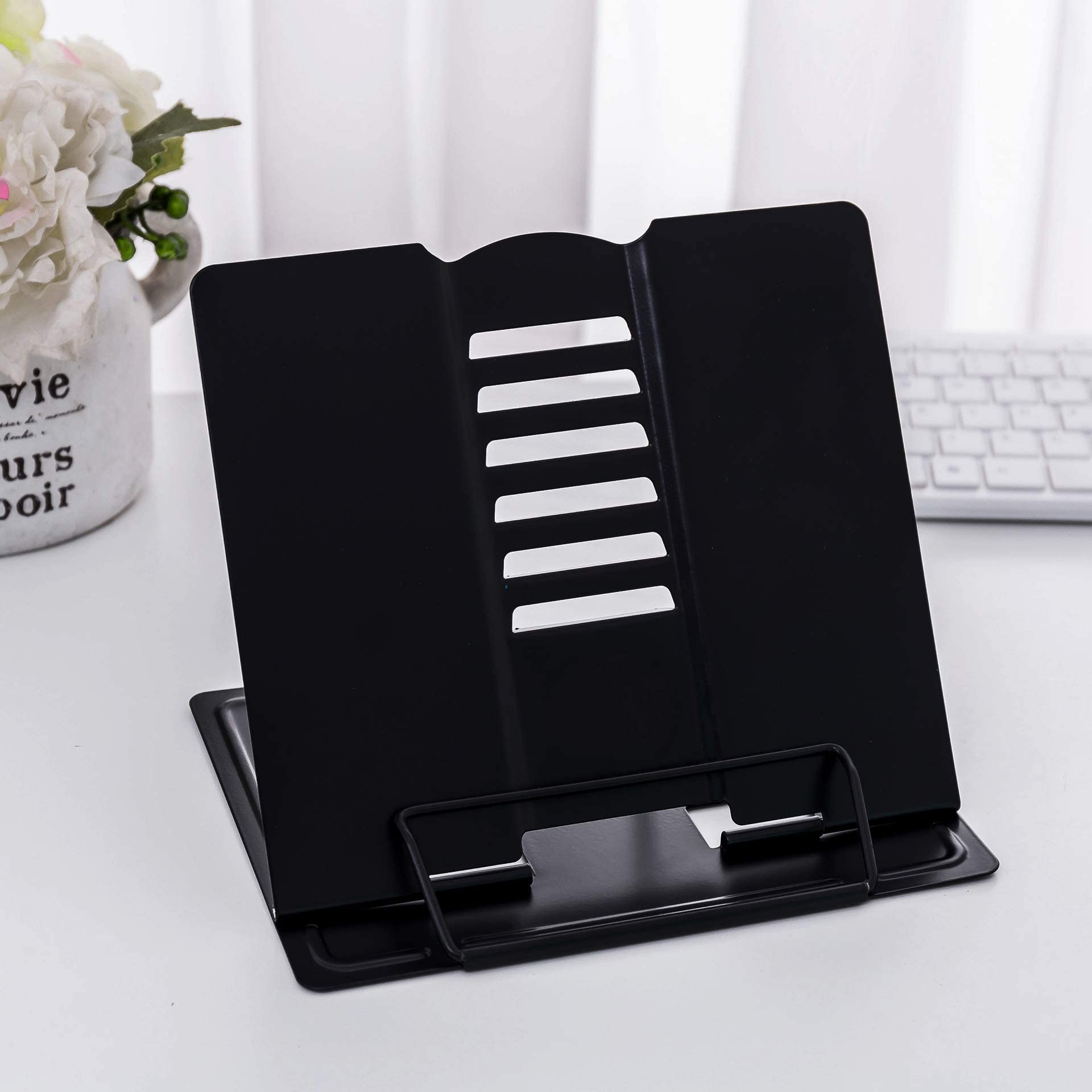 Metal Book Holder Reading Book Stand Folding Bookrest Document Copy Holder Adjustable Portable Book Holder Support Myopia Prevention Display Tray Paper Clips Cookbook Stand for Reading Cooking Office