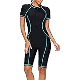 FEOYA Women One Piece Modest Swimsuit Boyshort Short Sleeve Rashguard Contrast Line Snorkel Surf Suit Sport Bathing Suit