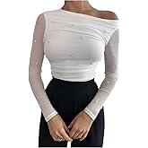 SHENHE Women's Off Shoulder Sheer Long Sleeve Mesh Shirt Pearl Slim Fit Dressy Going Out Top