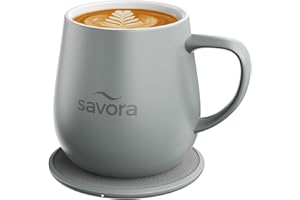 SAVORA 12oz Heated Coffee Mug | Barista’s Choice | Exclusive Wireless IntelliHeat Pad | Temperature Control Maintains 135°F | Hand-Crafted Ceramic Mug & Lid | Great for Tea Drinkers | Backed for Life - Grey