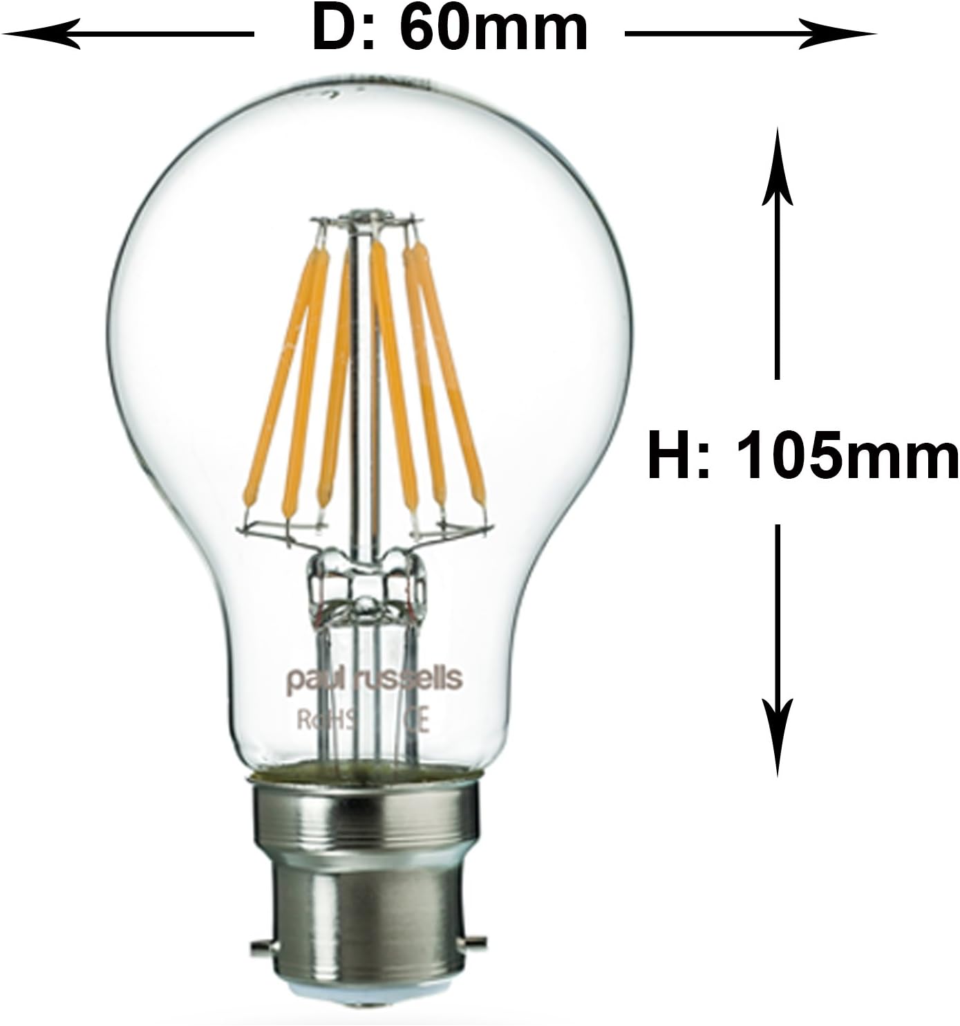 paul russells B22 Bayonet Cap LED Filament, 7Watt 60W Equivalent 806LM Lumens 2700K BC Standard GLS A60 - Image 4