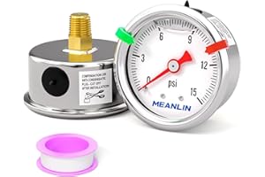 MEANLIN MEASURE 0~15Psi Pressure Gauge, Glycerin Filled 1/8" NPT 1.5" FACE DIAL, Stainless Steel Liquid Filled Pressure Gauge WOG Water Oil Air Back Mount (with 2PCS Snaps)