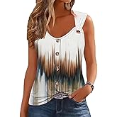 Womens Summer Tops Scoop Neck O Ring Shoulder Tank Tops Casual Sleeveless Button Front T Shirt Blouse