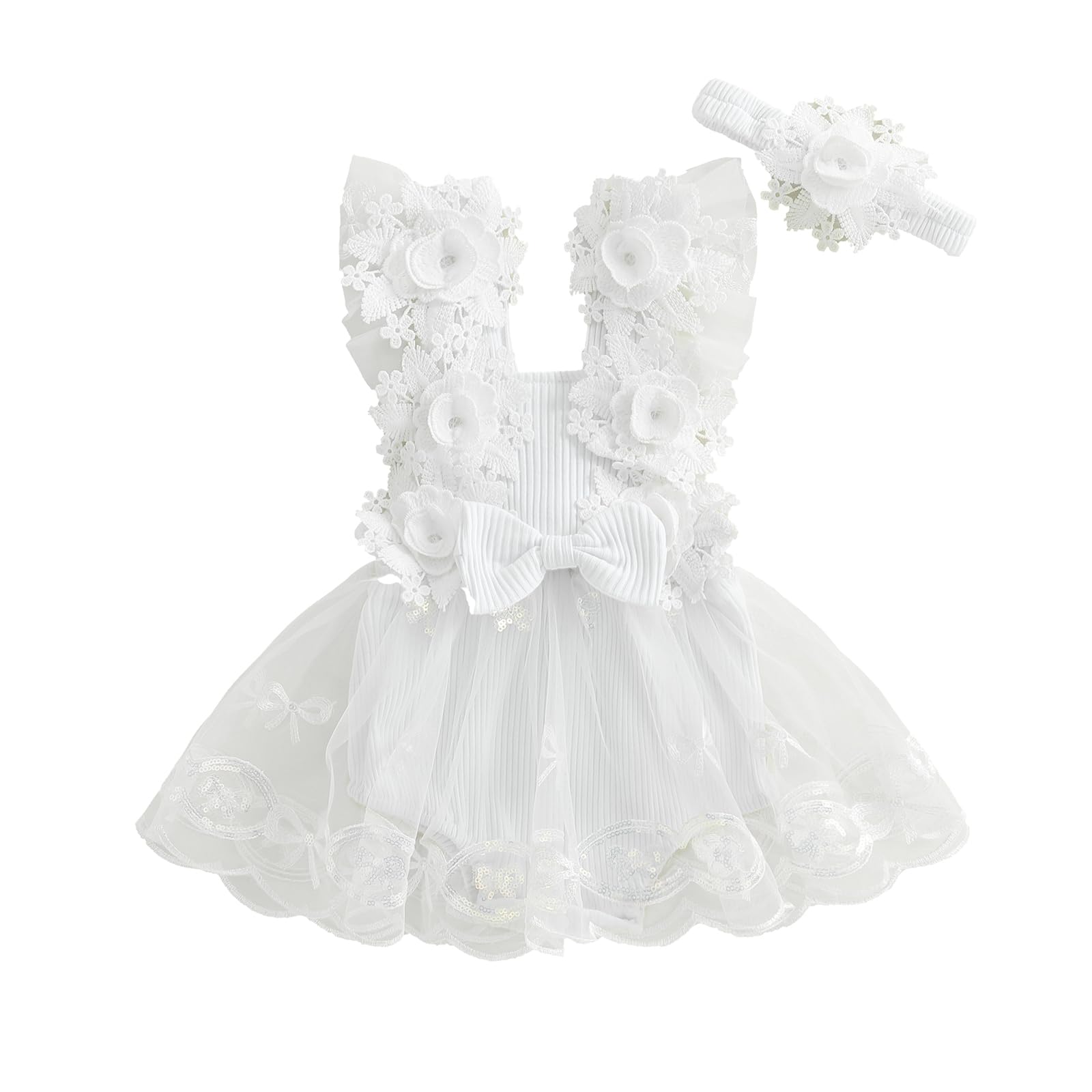 Photo 1 of Aiwpstoin Infant Baby Girl Romper Dress Sleeveless Bow Flower Lace Tulle Dress Bodysuit Headband Newborn Summer Outfits (White, 6-12 Months)