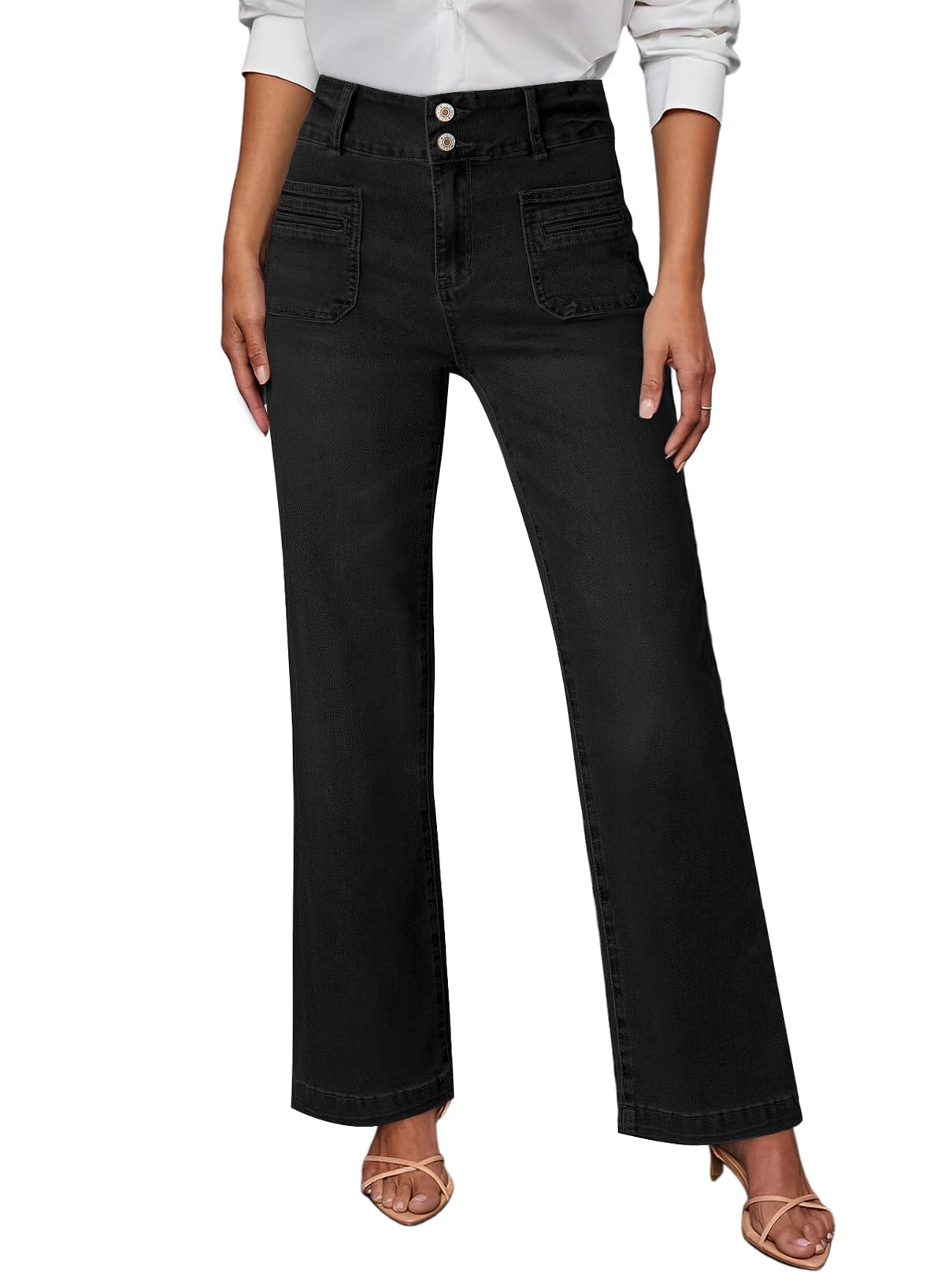 Photo 1 of Sidefeel Women's Jeans Straight Leg High Waisted Tummy Control Pockets Front Denim Pants Deep Black Size 14