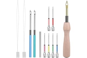 PIRIUUO 12 Pcs Punch Needle Kit, Embroidery Punch Needle Tool Wooden Handle Embroidery Tool Punch Needle Threader Set for Adults Beginner Yarn Floss Cross Stitching