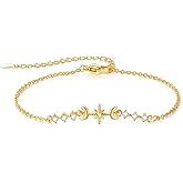 Minimalist Star & Moon Diamond Celestial Bracelet - 925 Sterling Silver Dainty Adjustable Everyday Bracelet for Women, Ideal Bridesmaid Gift Jewelry for Birthday/Anniversary