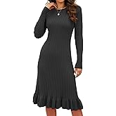 ECDAHICC Women's Sexy Ribbed Knit Sweater Dress Casual Long Sleeve V Neck Bodycon Pleated A Line Long Dress Streetwear