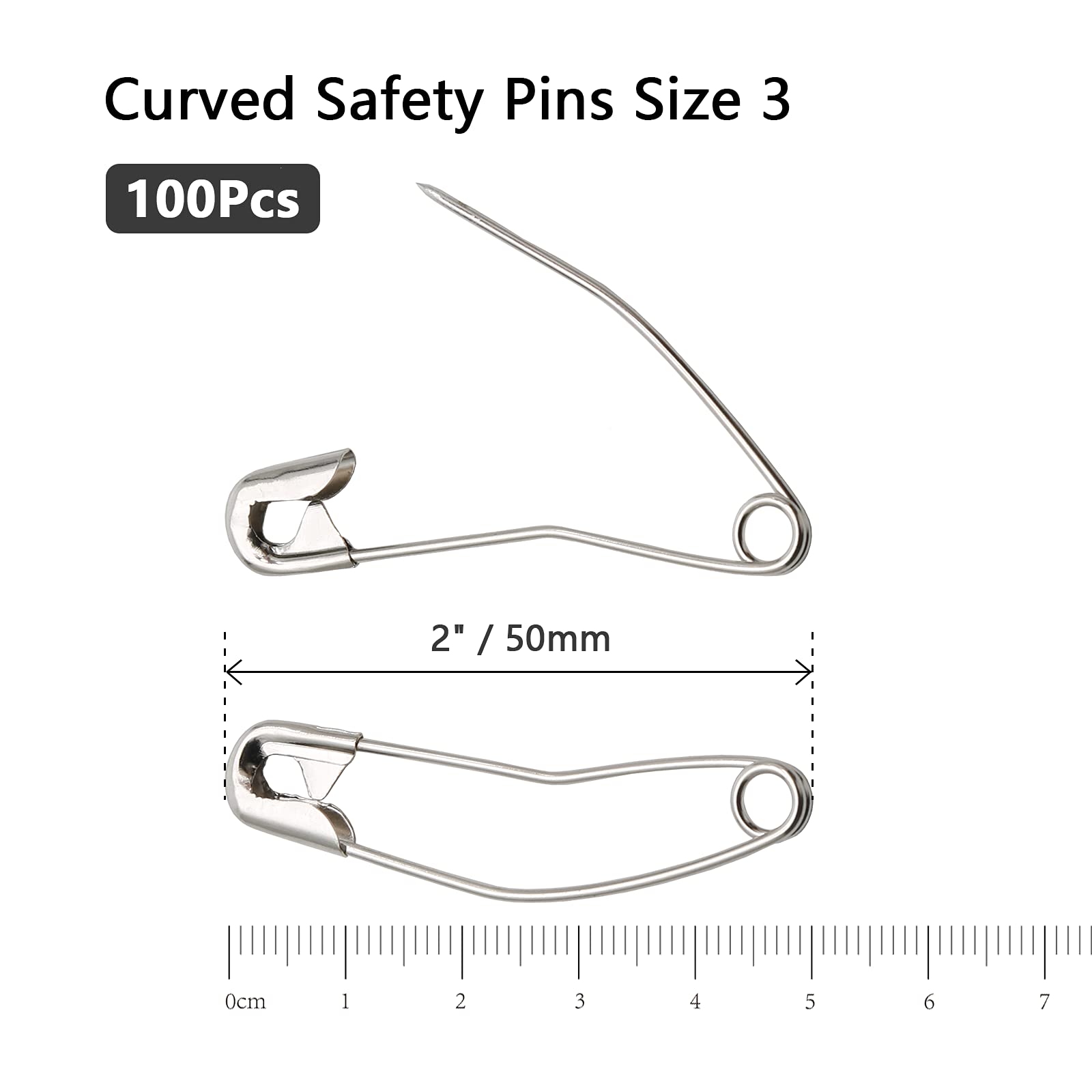 Qjaiune 100Pcs Curved Safety Pins Size 3, 2
