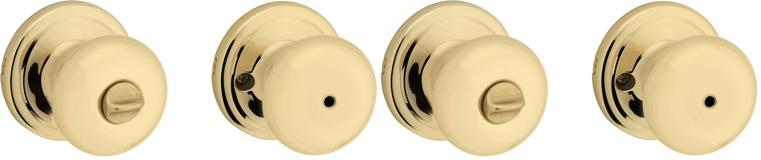 Kwikset Juno Interior Privacy Door Knob with Lock, Door Handle for Bathroom and Bedroom, Polished Brass Keyless Turn Lock Doorknob (Pack of 2) Image Kwikset Juno Interior Privacy Door Knob with Lock, Door Handle for Bathroom and Bedroom, Polished Brass Keyless Turn Lock Doorknob (Pack of 2) Image