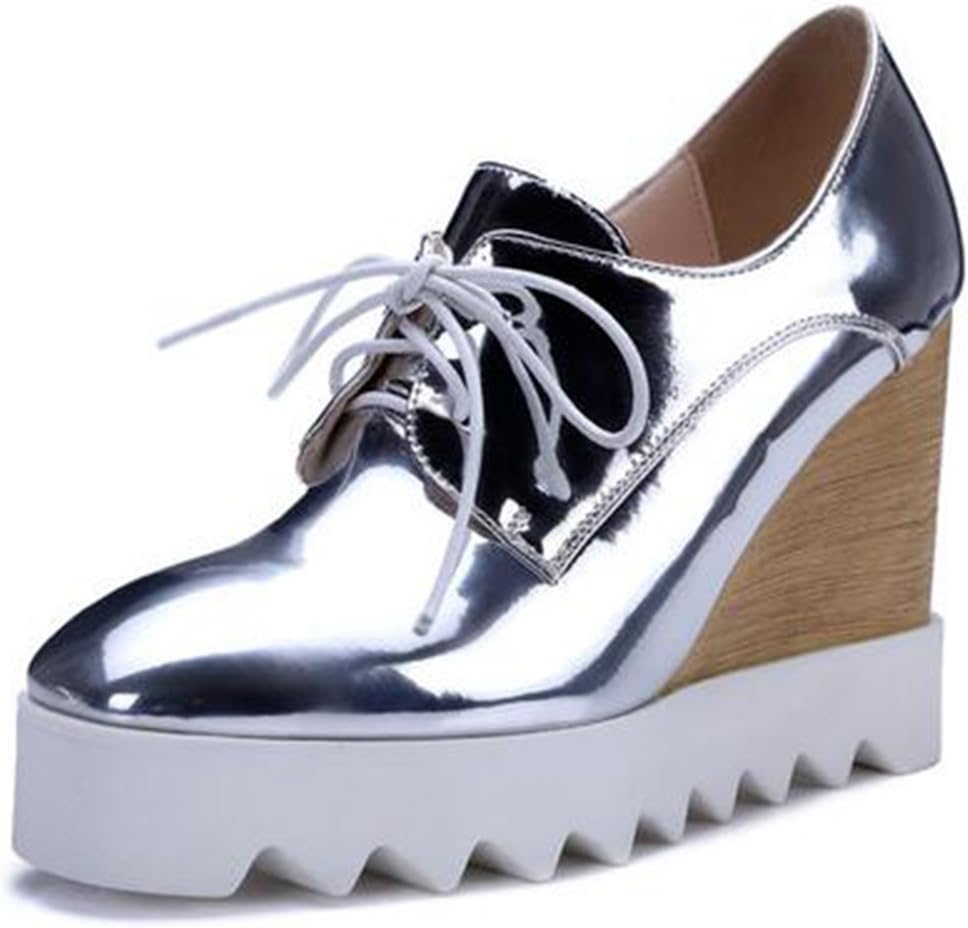 IDIFU Women's Dressy Wedge High Heel Lace Up Platform Shoes Sneakers Silver 5.5 B(M) US