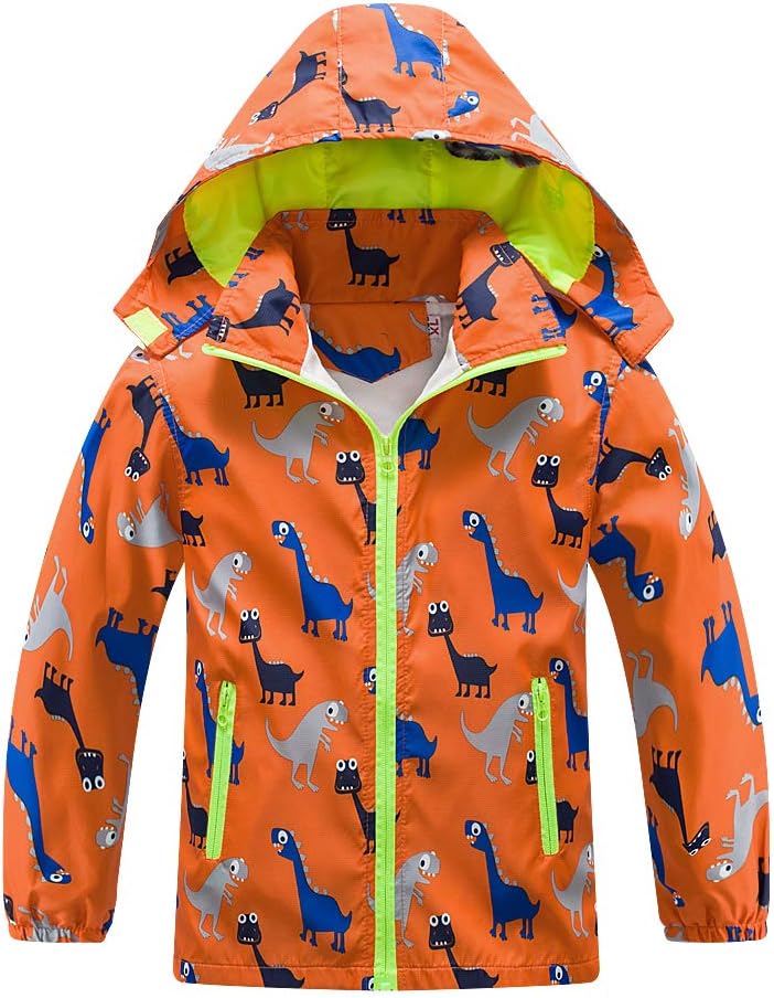 Sowllars Boys Girls Rain Jacket, Outdoor Lightweight Dinosaur Raincoats Kids Detachable Hooded Jacket with Mesh Liner