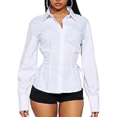 SUNNOW Women's Button Down Shirt with Side Tie Contoured Tucked Waist Blouse