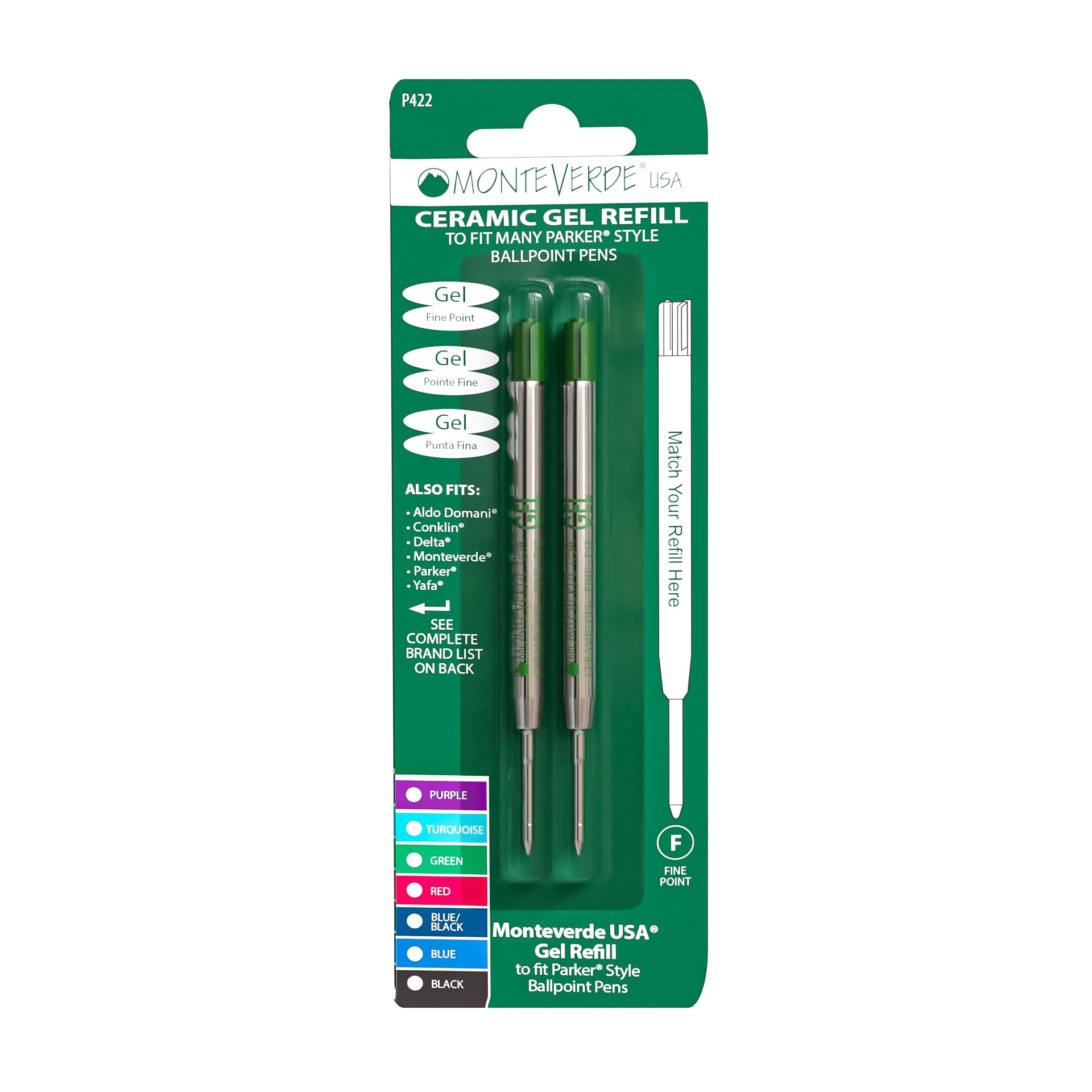 Monteverde Fine Point Capless Gel Refill for Parker Ballpoint Pens - Green (Pack of 2)
