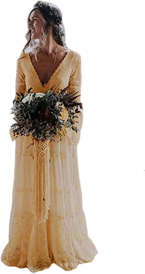 Deep V Neck Lace Boho Wedding Dress 