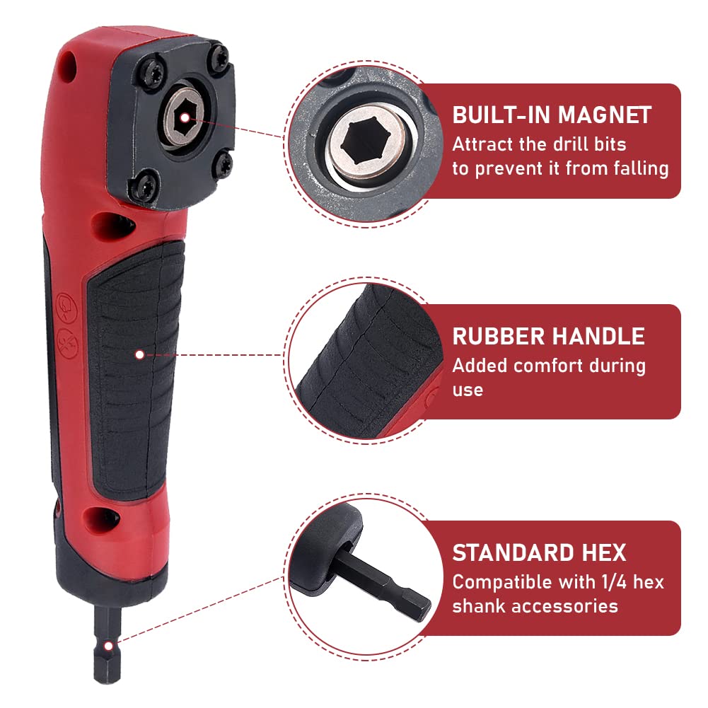 Right Angle Drive Attachment with 10PCS Drill Bits, 1/4 Inch 90° Degree Right Angle Drill Adapter, Right Angle Attachment Extension Drill Attachment for Impact Driver(Red)