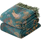 Boho Throw Blanket for Bed 60”x80”, 100% Cotton Woven Blanket for Couch Sofa, Ultra Soft 4-Layer Muslin Quilt with Bird Floral Printed, Farmhouse Bed Blanket/Cover for Living Room Decor