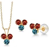 Gem Stone King 14K Yellow Gold Red Garnet and London Blue Topaz 3 Stone Pendant and Earrings Jewelry Set For Women (1.29 Cttw, Round 3MM, with 18 Inch Chain)