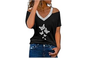 ANUYALUE Women Tshirts Graphic,Womens Cold Shoulder Blouse Short Sleeve Tees V Neck Lace Patchwork Tunic Tops