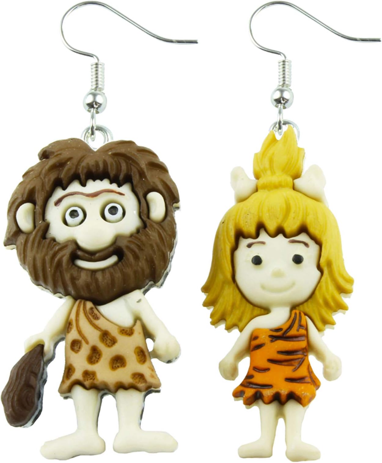 CAVE MAN AND WOMAN CARTOON SET DANGLE EARRINGS Complete With Gift Box